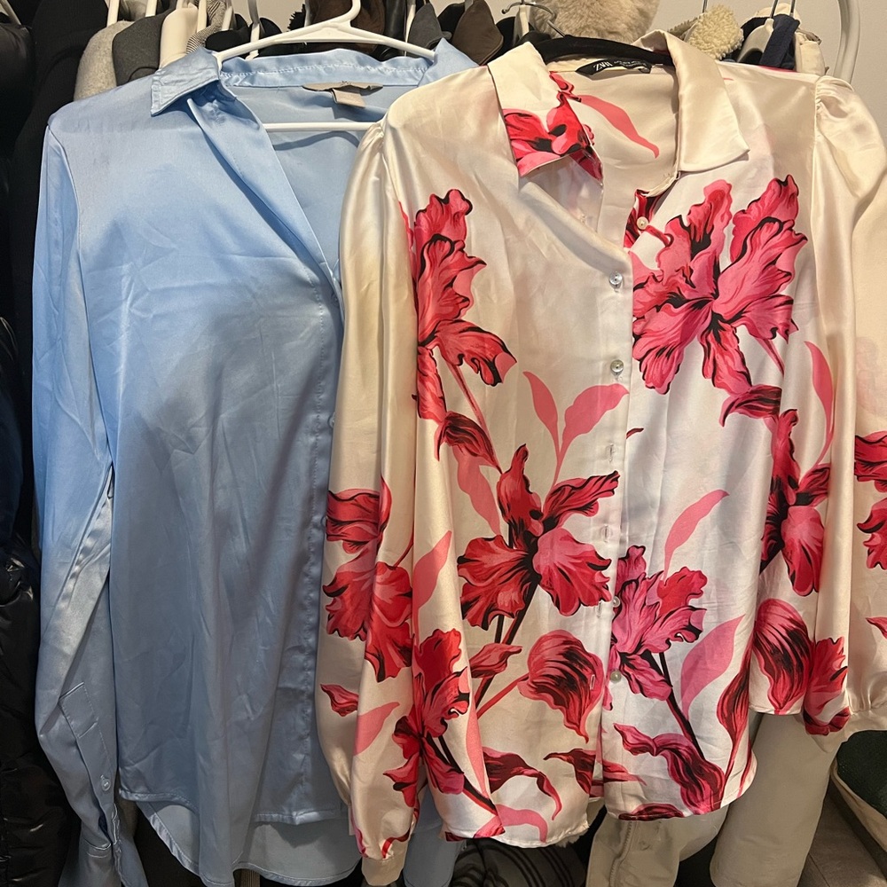 Bundle of Button-Up Satin Blouses: Floral Pink and Blue